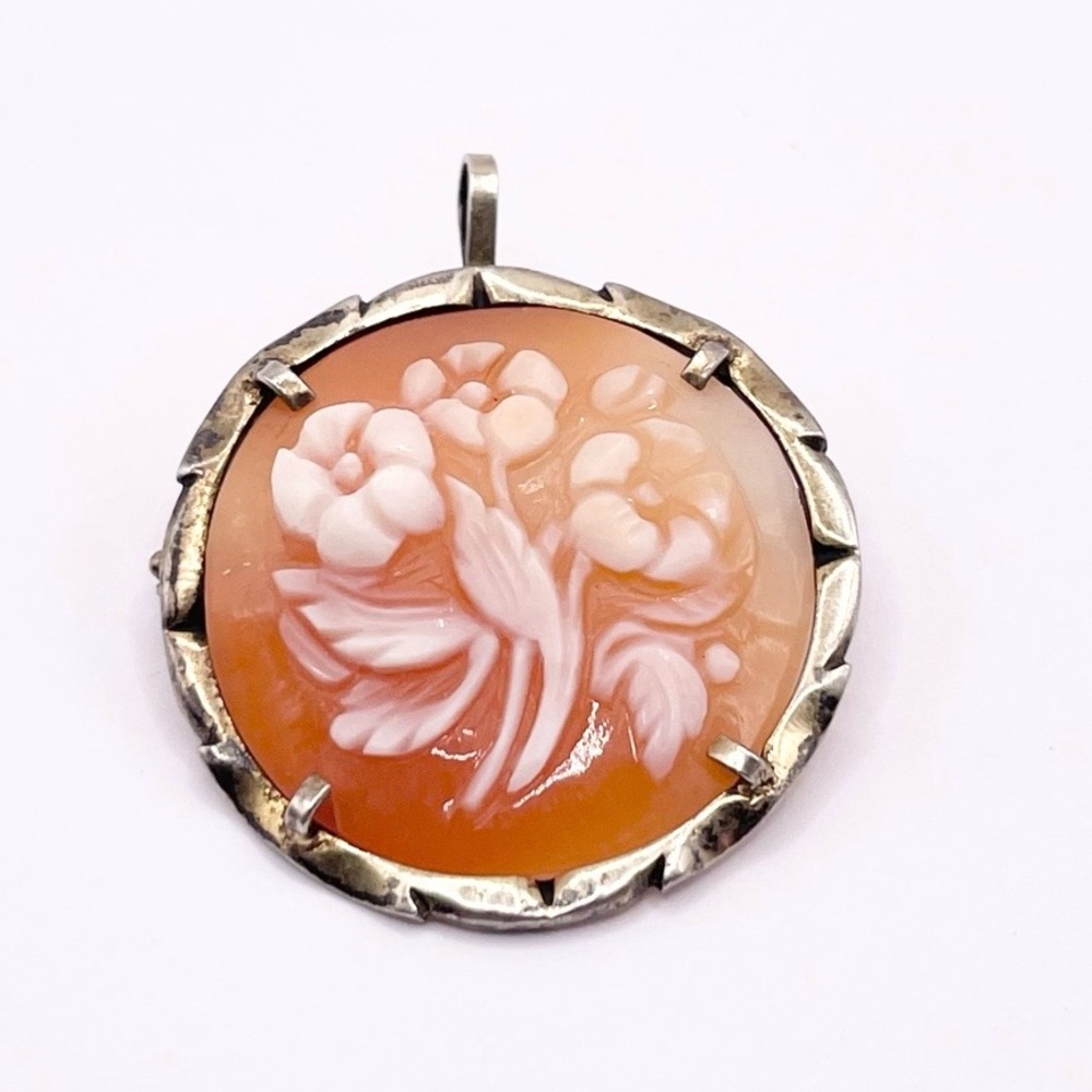 Vintage-Inspired Peach Floral Cameo Sterling Silver Pendant/Broach